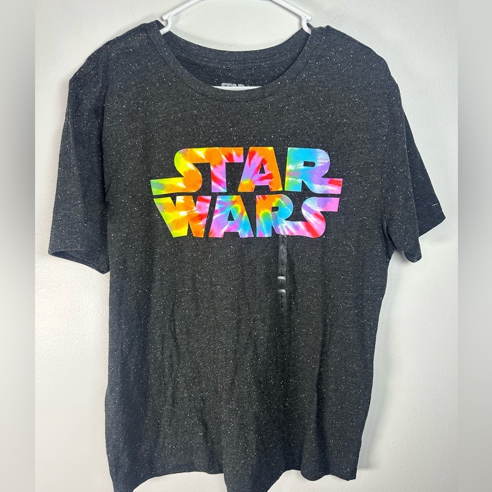 Star Wars Black T shirt with Colorful Tie Dye graphic Letters. Size Large New